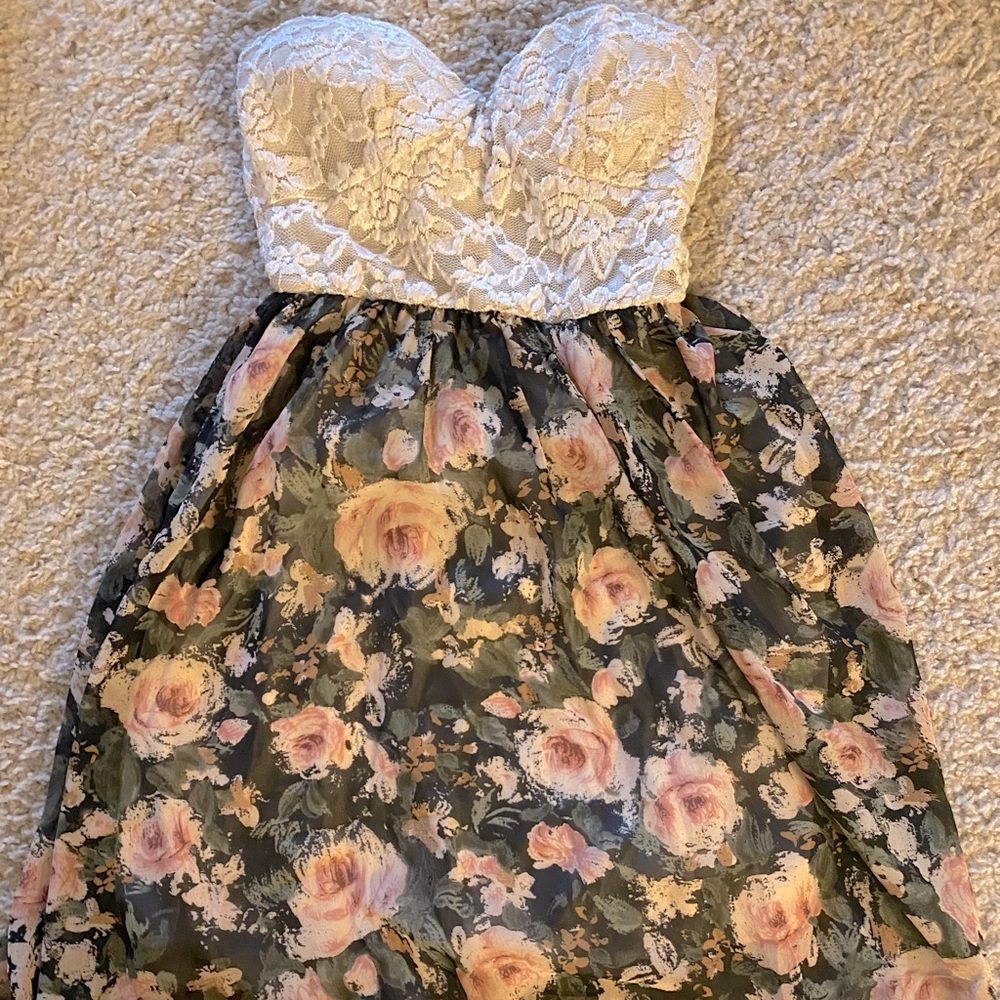 Windsor Strapless Lace Floral Chiffon Print Mini Dress Women’s Small